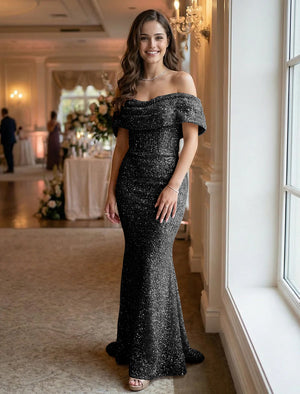 Off the Shoulder Sequin Evening Dresses Maxi Gowns