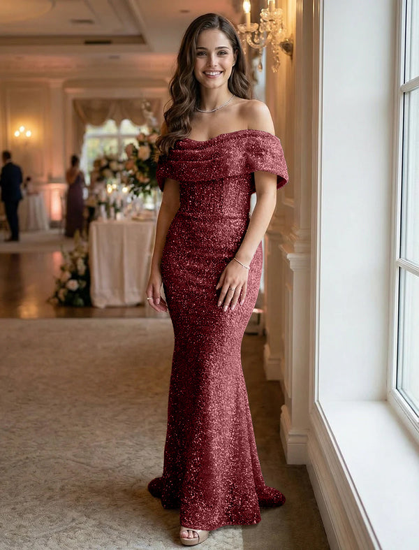 Off the Shoulder Sequin Evening Dresses Maxi Gowns