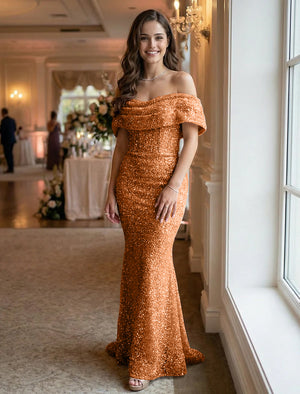 Off the Shoulder Sequin Evening Dresses Maxi Gowns