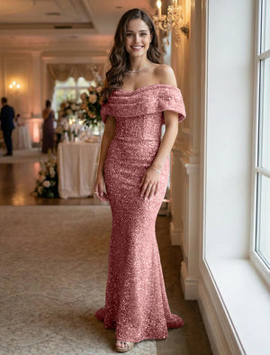 Off the Shoulder Sequin Evening Dresses Maxi Gowns