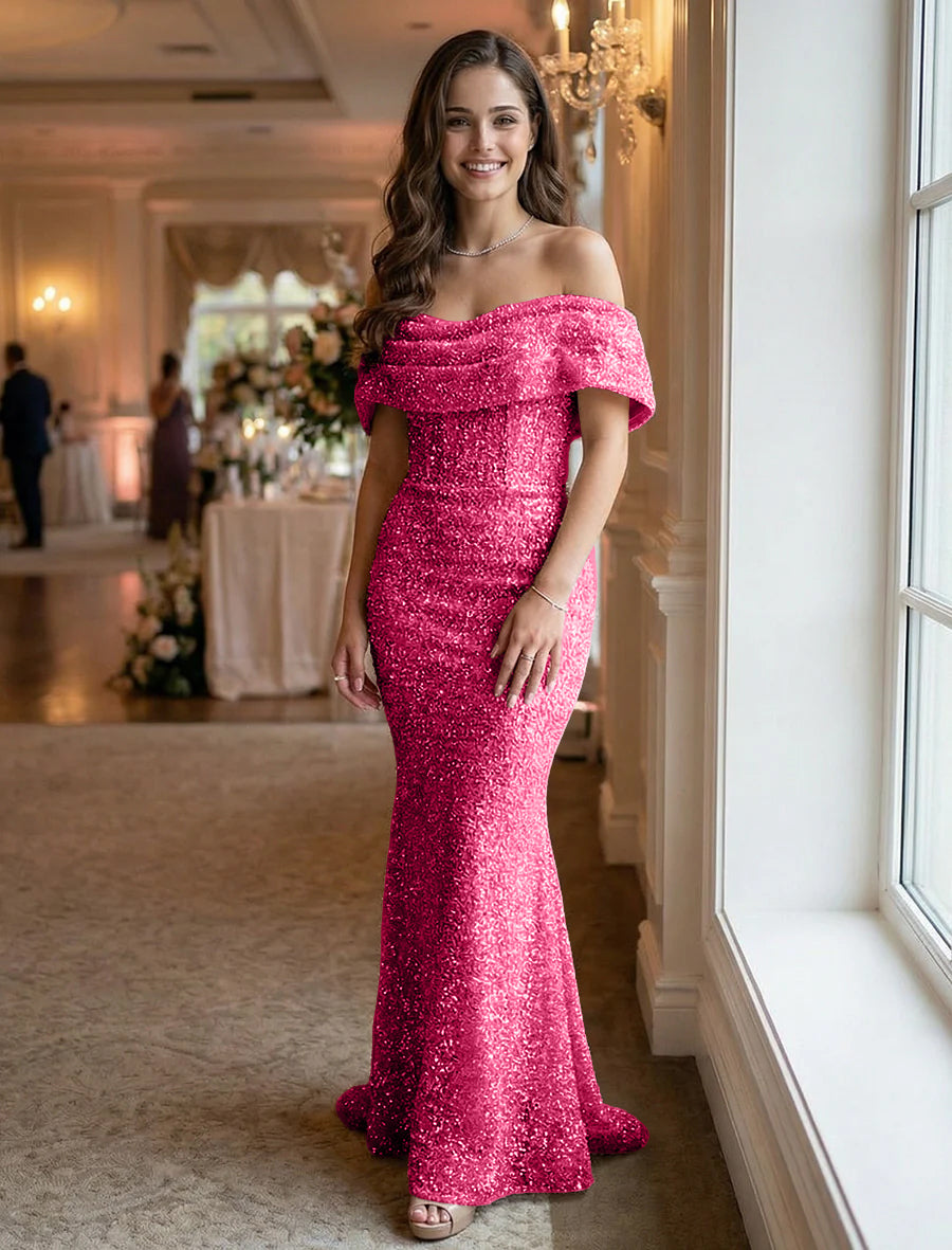 Off the Shoulder Sequin Evening Dresses Maxi Gowns