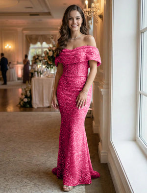 Off the Shoulder Sequin Evening Dresses Maxi Gowns