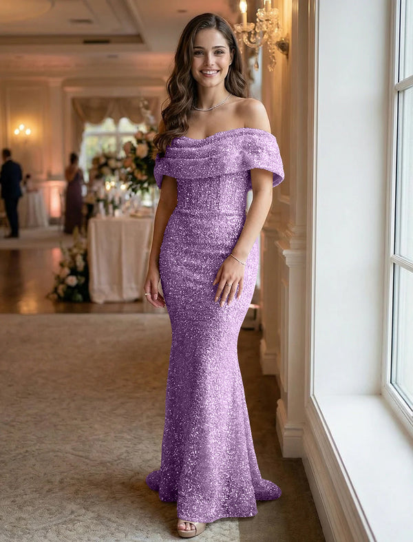 Off the Shoulder Sequin Evening Dresses Maxi Gowns