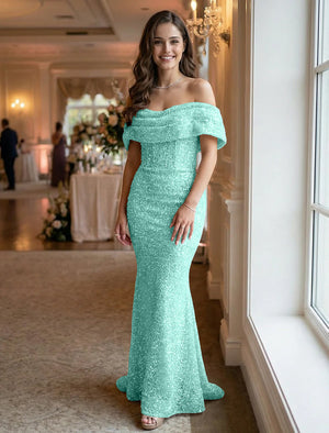 Off the Shoulder Sequin Evening Dresses Maxi Gowns