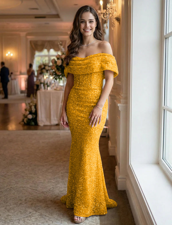 Off the Shoulder Sequin Evening Dresses Maxi Gowns