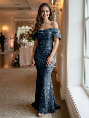 Off the Shoulder Sequin Evening Dresses Maxi Gowns