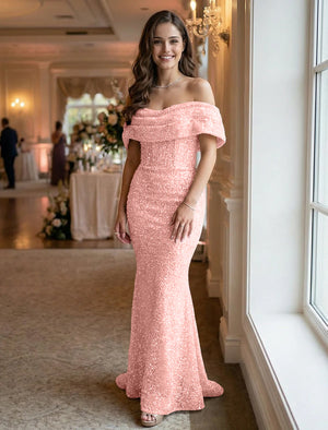 Off the Shoulder Sequin Evening Dresses Maxi Gowns