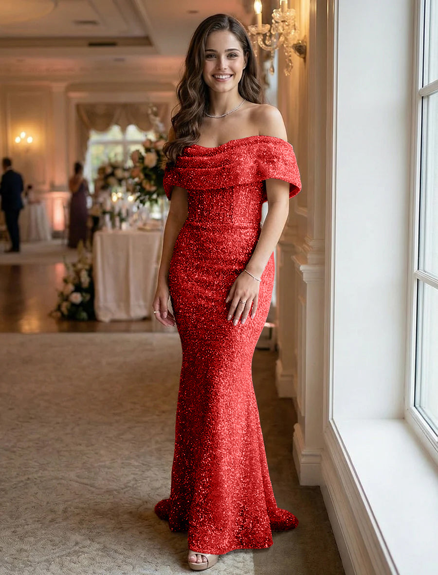 Off the Shoulder Sequin Evening Dresses Maxi Gowns