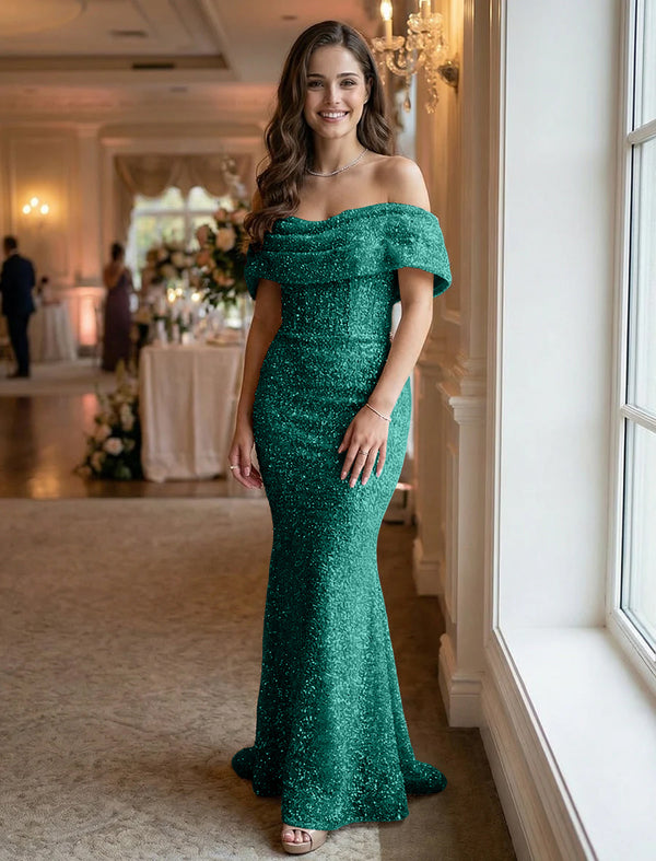 Off the Shoulder Sequin Evening Dresses Maxi Gowns