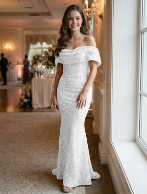 Off the Shoulder Sequin Evening Dresses Maxi Gowns