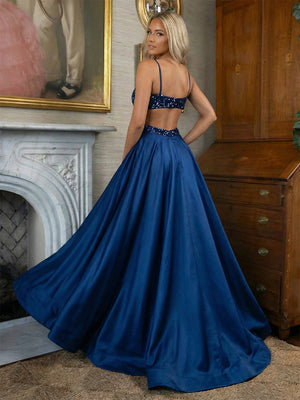 Sequin V Neck Cut Out Satin Prom Dresses with Side Slit