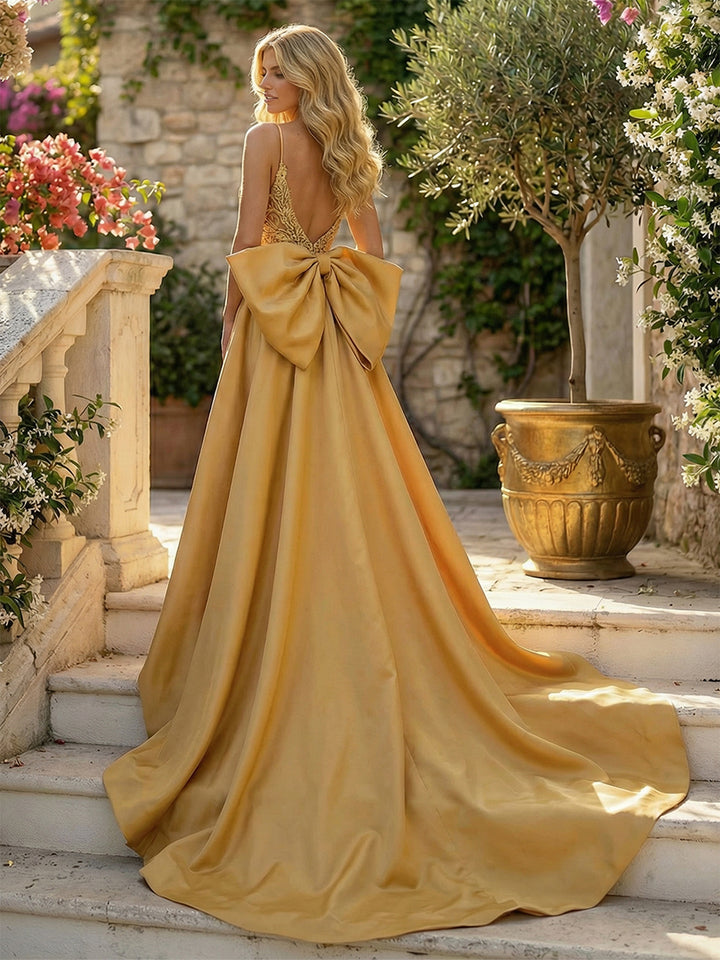 Satin V Neck Lace Appliques Cut Out Evening Dresses with Bow