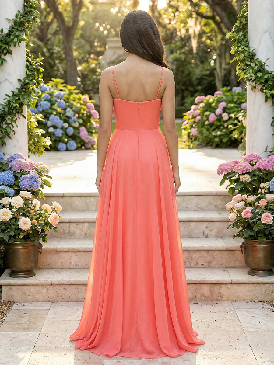 Chiffon V Neck Pleated Cut Out Bow Prom Dresses