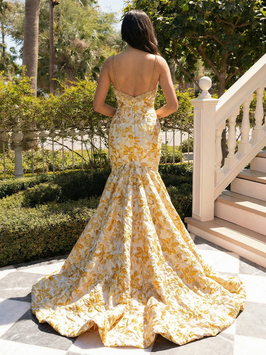 Floral Satin Spaghetti Straps Square Neck Pleated  Prom Dresses