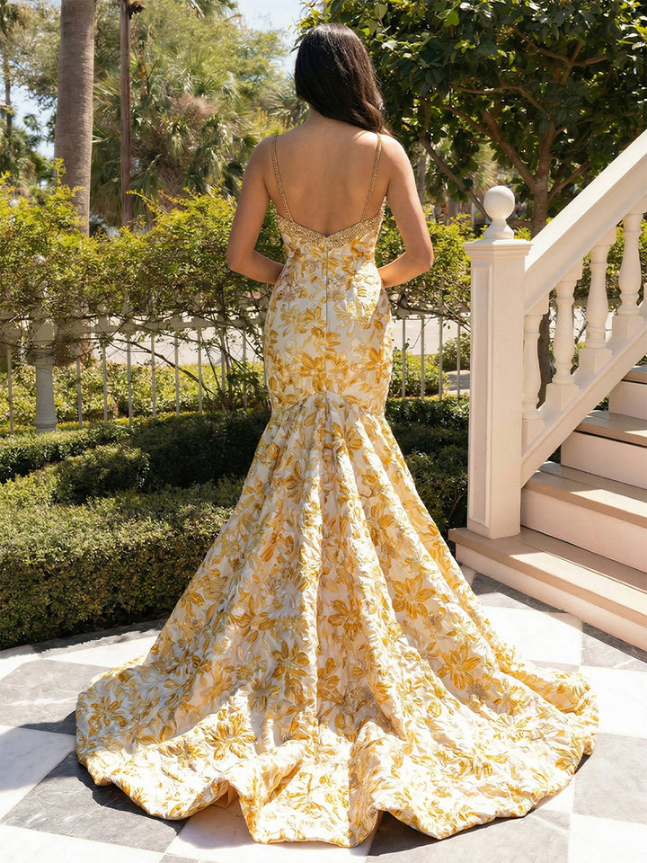 Floral Satin Spaghetti Straps Square Neck Pleated  Evening Dresses