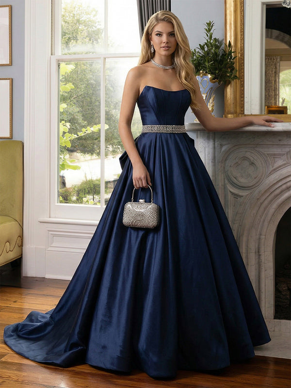 Satin Strapless Sweetheart Beadings Pleated Formal Evening Dresses