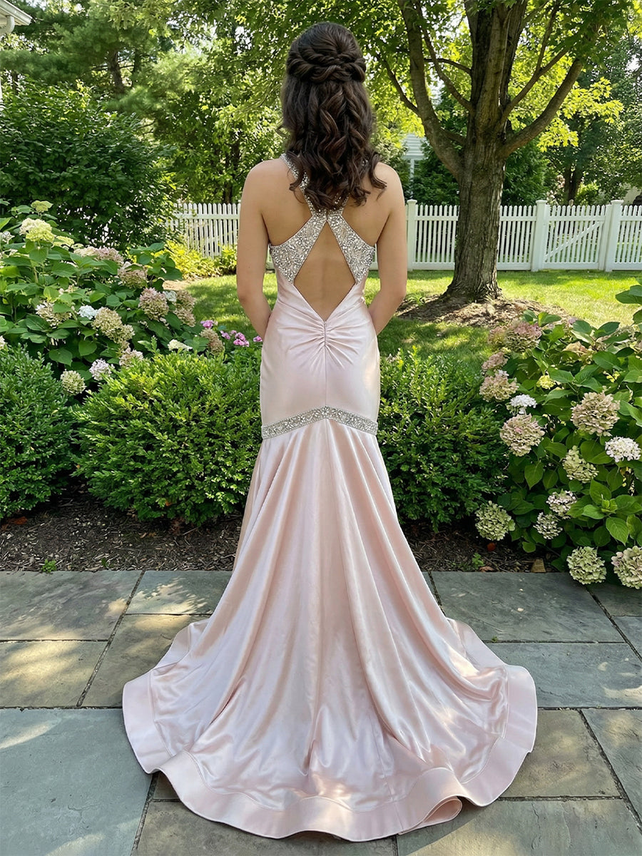 Satin Spaghetti Straps V Neck Formal Dresses Sequin Pleated Prom Party Dresses