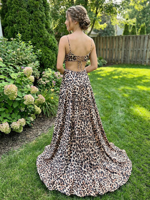 Leopard Spaghetti Straps Cut Out Prom Dresses with Slit