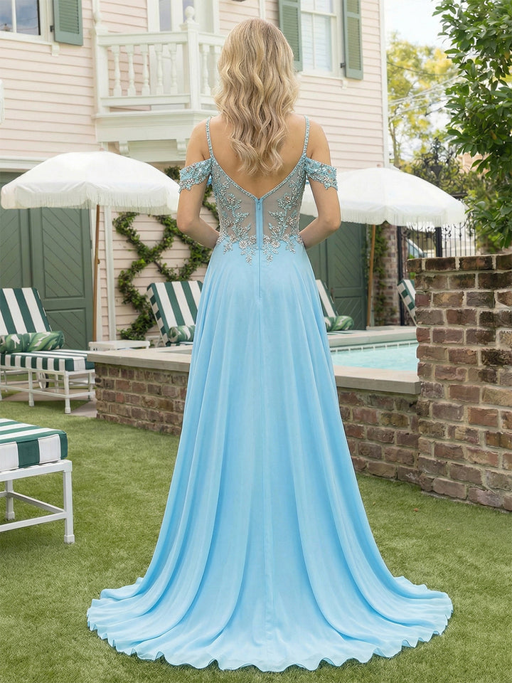 Chiffon Spaghetti Straps Lace Appliques Formal Dresses with Slit Beads Formal Gowns