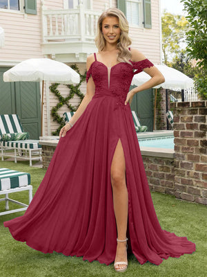 Chiffon Spaghetti Straps Lace Appliques Formal Dresses with Slit Beads Formal Gowns