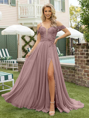 Chiffon Spaghetti Straps Lace Appliques Formal Dresses with Slit Beads Formal Gowns