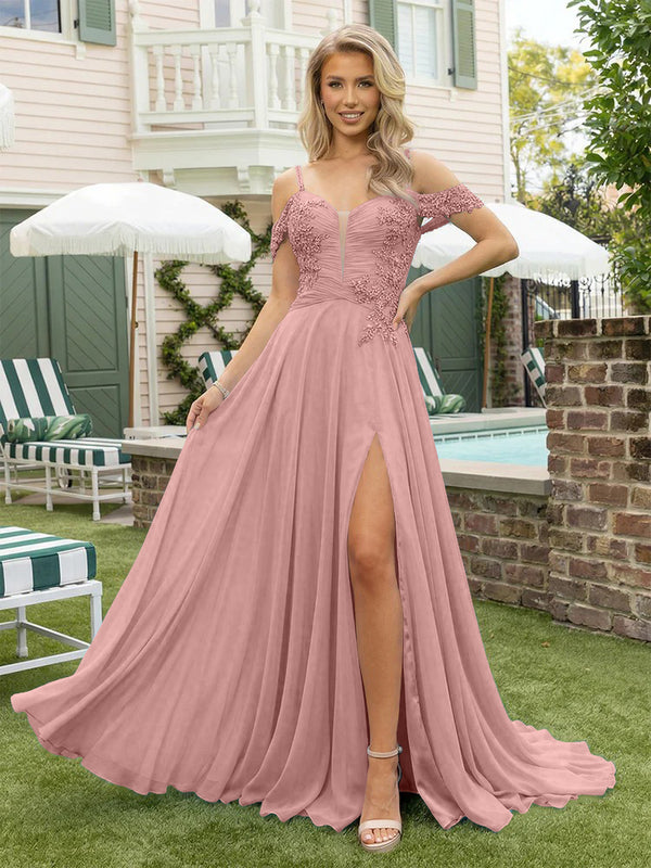 Chiffon Spaghetti Straps Lace Appliques Formal Dresses with Slit Beads Formal Gowns