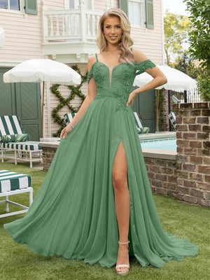 Chiffon Spaghetti Straps Lace Appliques Formal Dresses with Slit Beads Formal Gowns