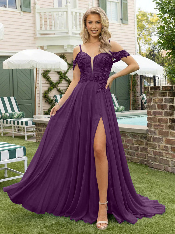 Chiffon Spaghetti Straps Lace Appliques Formal Dresses with Slit Beads Formal Gowns
