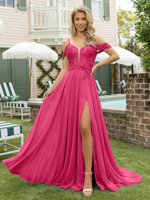 Chiffon Spaghetti Straps Lace Appliques Formal Dresses with Slit Beads Formal Gowns
