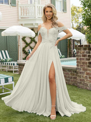 Chiffon Spaghetti Straps Lace Appliques Formal Dresses with Slit Beads Formal Gowns