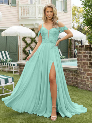 Chiffon Spaghetti Straps Lace Appliques Formal Dresses with Slit Beads Formal Gowns