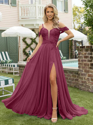 Chiffon Spaghetti Straps Lace Appliques Formal Dresses with Slit Beads Formal Gowns