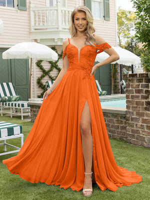 Chiffon Spaghetti Straps Lace Appliques Formal Dresses with Slit Beads Formal Gowns