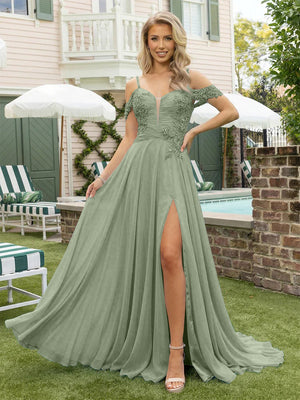 Chiffon Spaghetti Straps Lace Appliques Formal Dresses with Slit Beads Formal Gowns