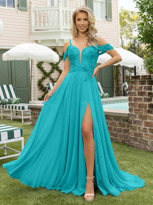 Chiffon Spaghetti Straps Lace Appliques Formal Dresses with Slit Beads Formal Gowns