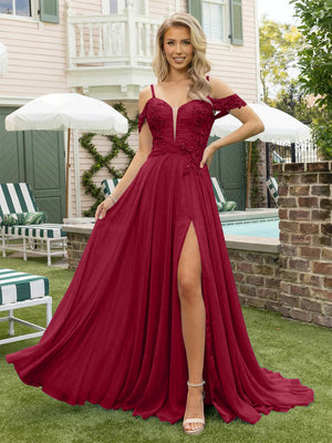 Chiffon Spaghetti Straps Lace Appliques Formal Dresses with Slit Beads Formal Gowns