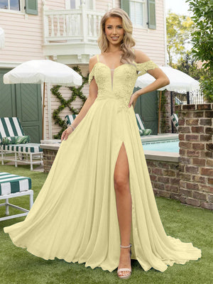 Chiffon Spaghetti Straps Lace Appliques Formal Dresses with Slit Beads Formal Gowns