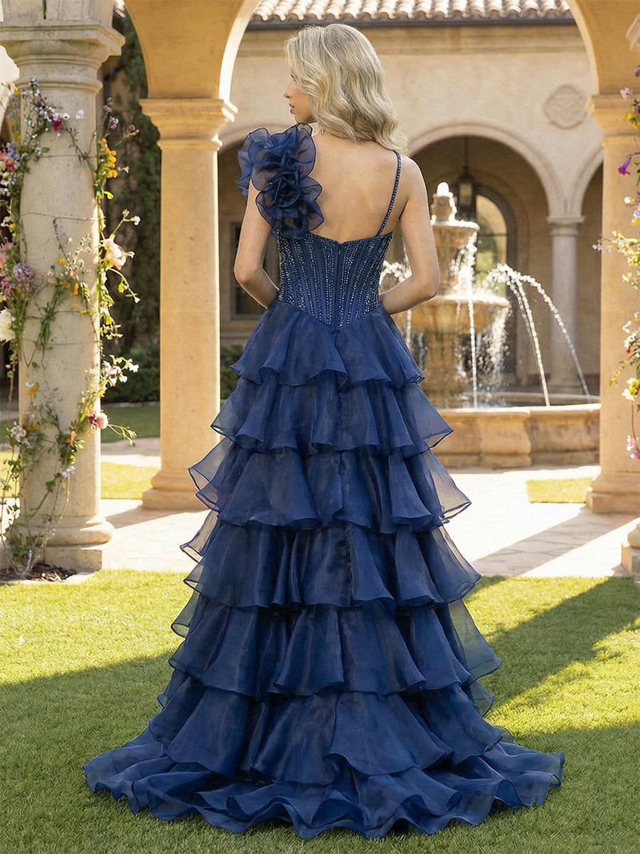 Tulle Spaghetti Straps Layered Evening Dresses with Slit