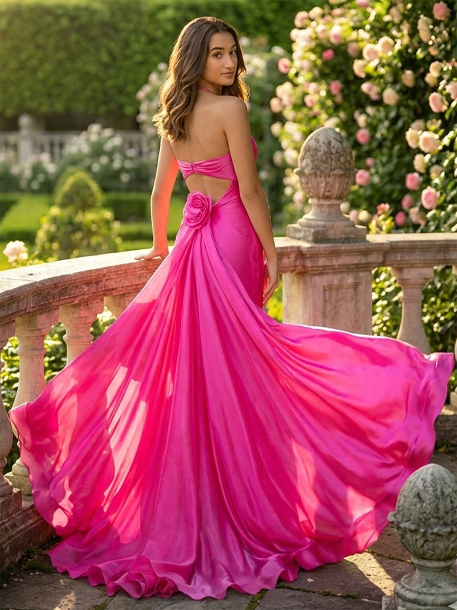 Satin Spaghetti Straps Sweetheart Pleated Prom Dresses with Slit