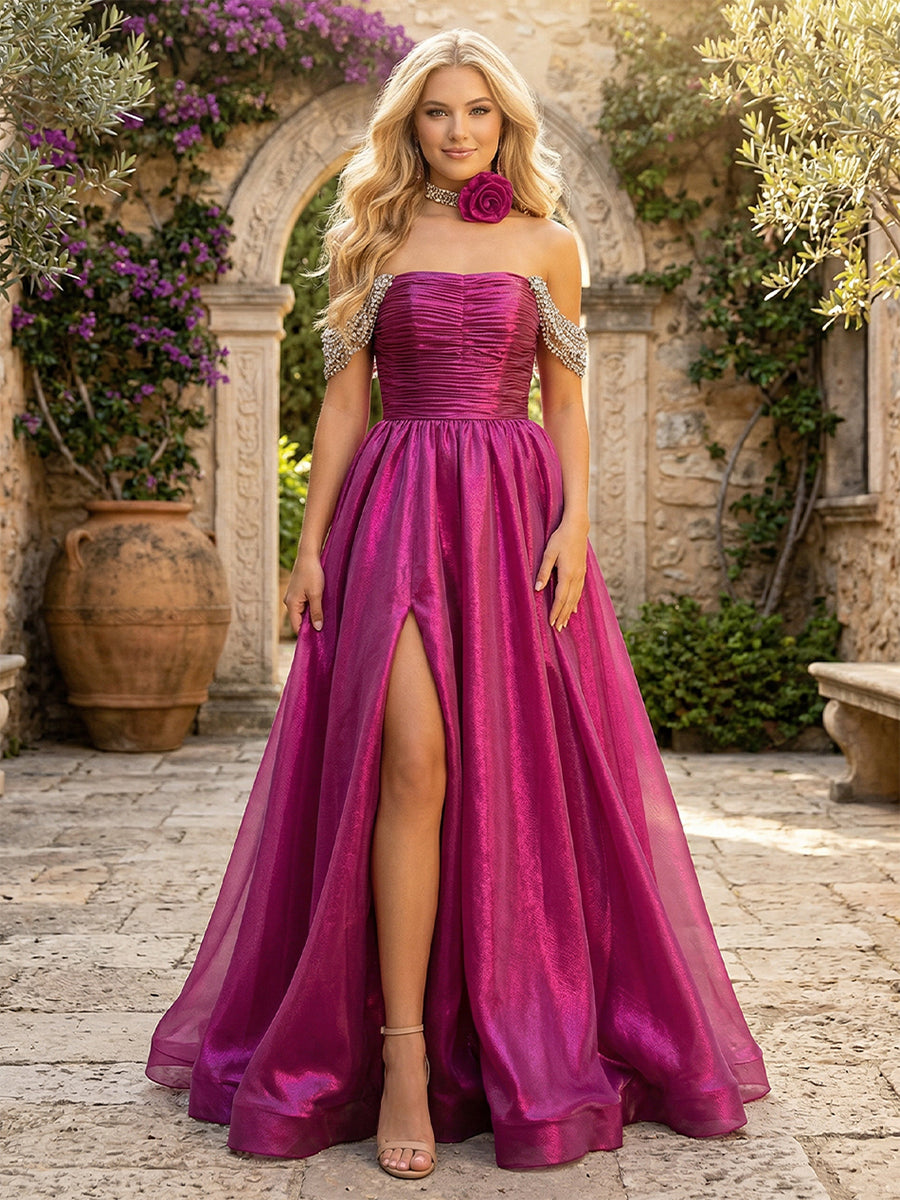 Satin Off the Shoulder Pleated Prom Dresses with Slit