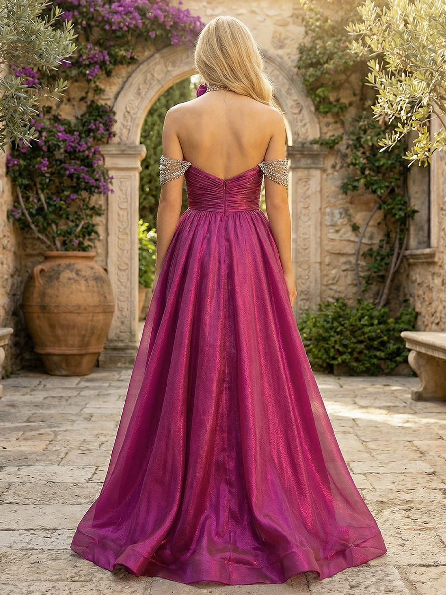 Satin Off the Shoulder Pleated Evening Dresses with Slit