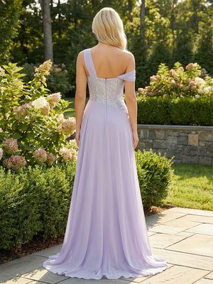 Chiffon One Shoulder Corset Sequin Prom Dresses with Slit