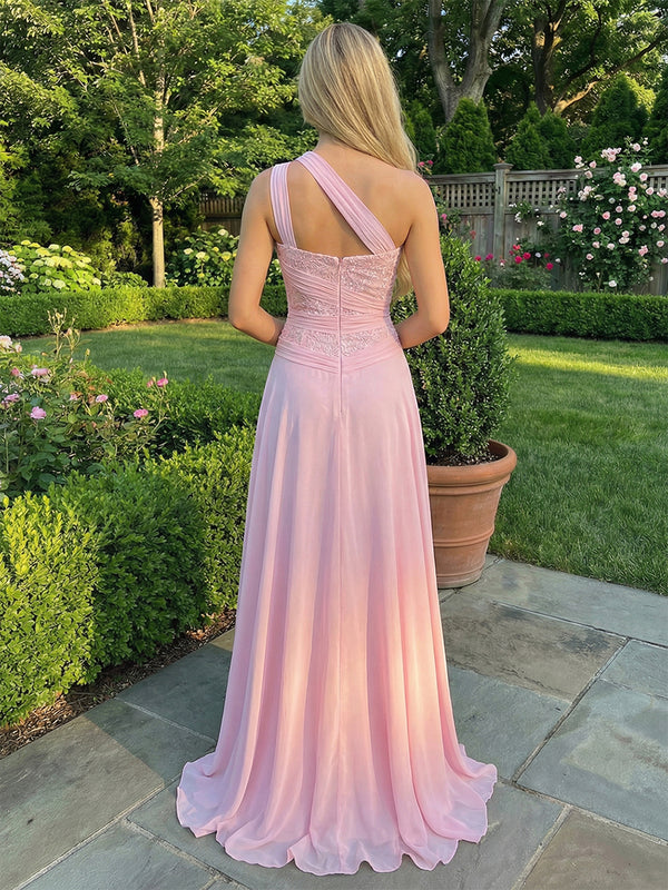 Chiffon One Shoulder Corset Sequin Prom Dresses