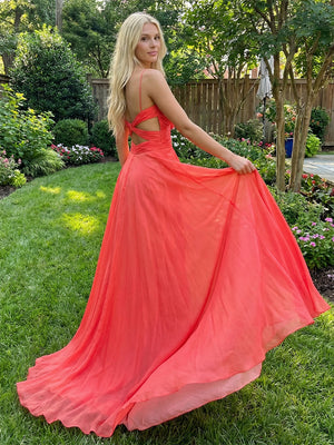 Chiffon V Neck Spaghetti Straps Corset Pleated Cut Out Prom Dresses