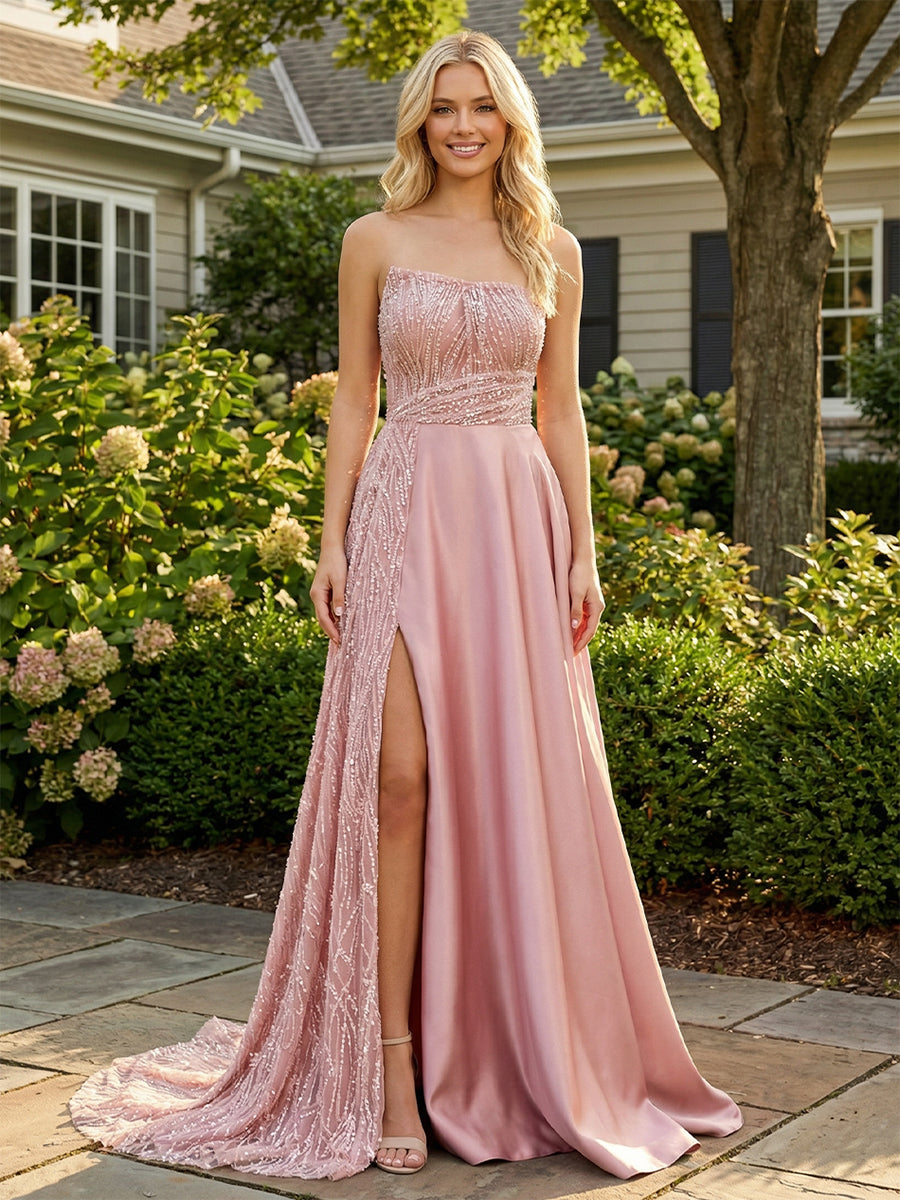 Satin Sequin Strapless Corset Pleated Evening Dresses with Slit