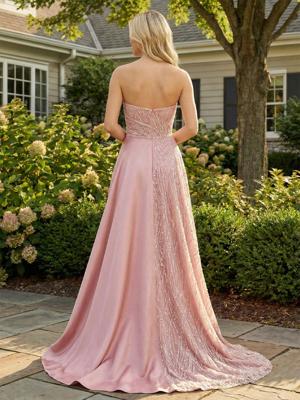 Satin Sequin Strapless Corset Pleated Prom Dresses with Slit