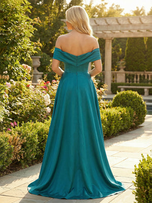 Satin Off the Shoulder Corset Pleated Prom Dresses with Pockets
