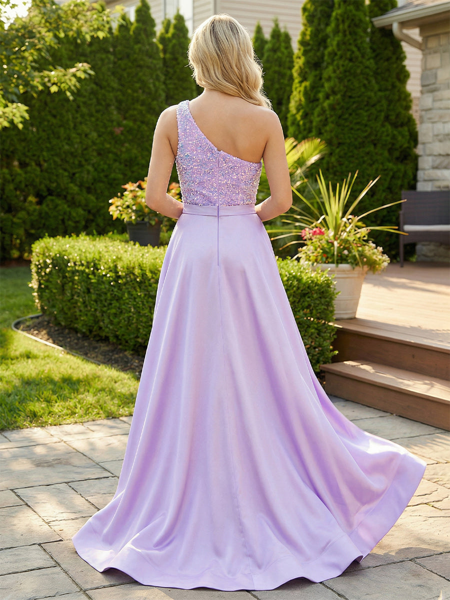 Sequin One Shoulder Corset Pleated Prom Dresses with Slit