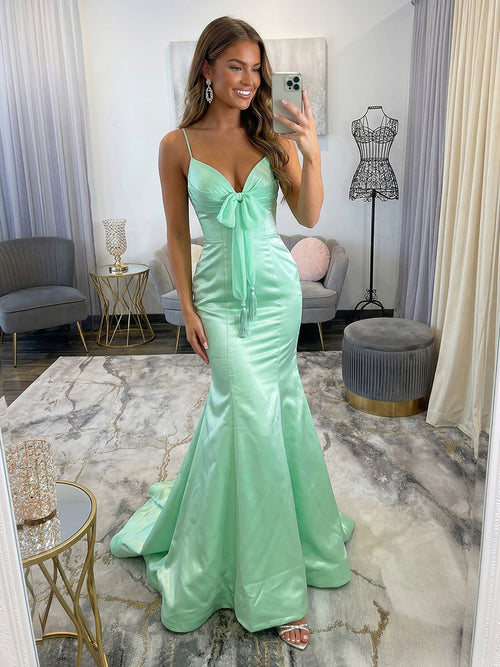 Satin Spaghetti Straps V Neck Corset Prom Dresses
