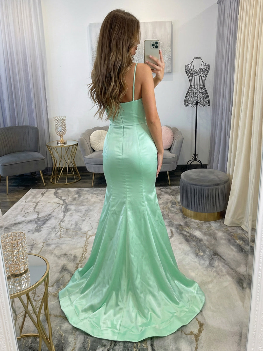 Satin Spaghetti Straps V Neck Corset Prom Dresses